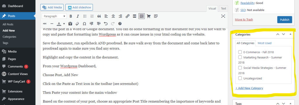 Screenshot of how to create a category for a post. 