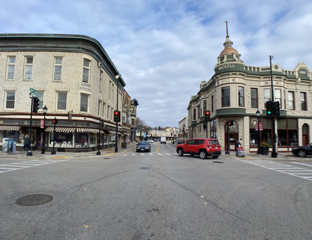 Photo taken of a street in Downtown Waukesha. 